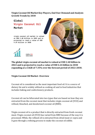 Virgin Coconut Oil Market Key Players Analysis, Trends and Dynamic Demand by For