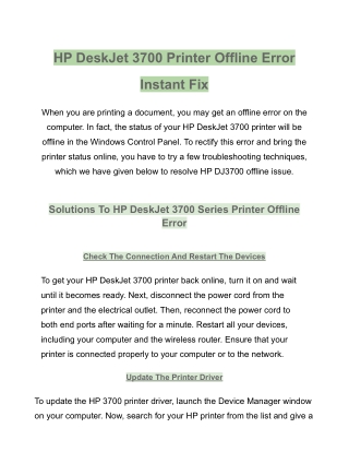 How to resolve HP Deskjet 3700 printer offline issue