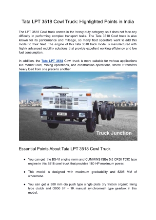 Tata LPT 3518 Cowl Truck_ Highlighted Points in India