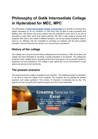 Philosophy of Gatik Intermediate College in Hyderabad for MEC, MPC