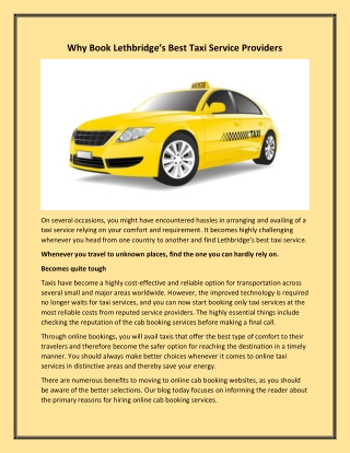 Why Book Lethbridges Best Taxi Service Providers
