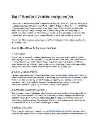 Top 10 Benefits of Artificial Intelligence (AI)