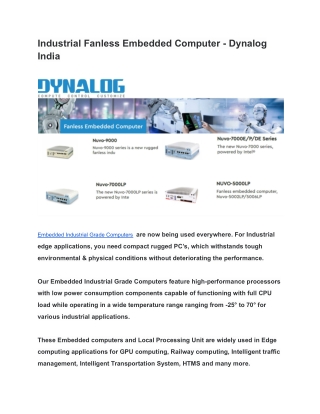 Industrial Fanless Embedded Computer - Dynalog India