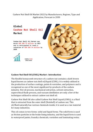 Cashew Nut Shell Oil Market Research Trends Analysis by 2016-2030