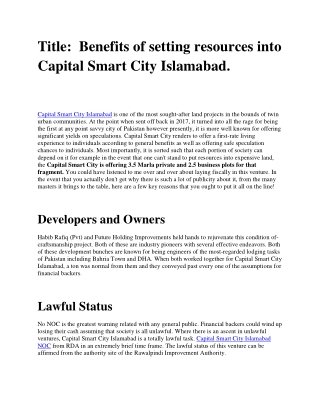 Benefits of setting resources into Capital Smart City Islamabad.