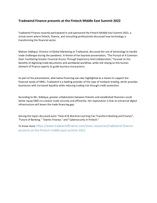 Tradewind Finance presents at the Fintech Middle East Summit 2022