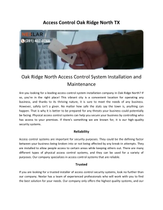 Oak Ridge North Access Control System Installation and Maintenance