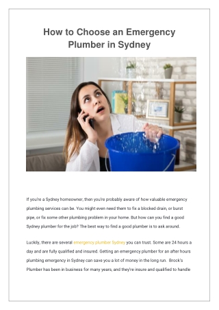 How to Choose an Emergency Plumber In Sydney