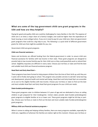 What are some of the top government child care grant programs in the USA and how
