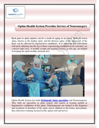 Optim Health System Provides Service of Neurosurgery