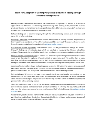 Learn How Adoption of Gaming Perspective is Helpful in Testing through Software Testing Courses