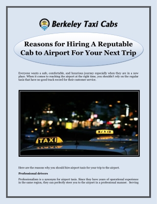 Reasons for Hiring A Reputable Cab to Airport For Your Next Trip