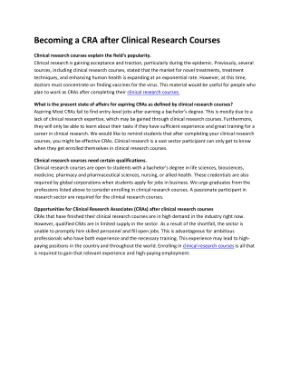 Becoming a CRA after Clinical Research Courses