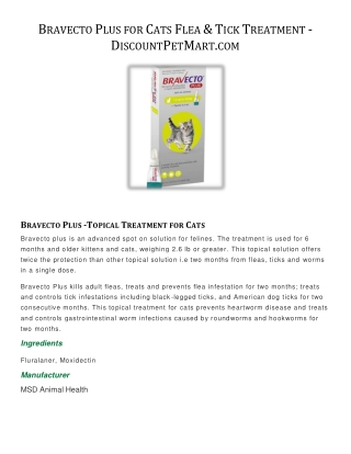 Bravecto Plus for Cats Flea & Tick Treatment - DiscountPetMart.com