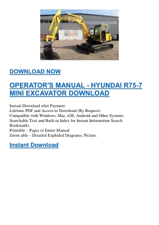 OPERATOR'S MANUAL - HYUNDAI R75-7 MINI EXCAVATOR DOWNLOAD