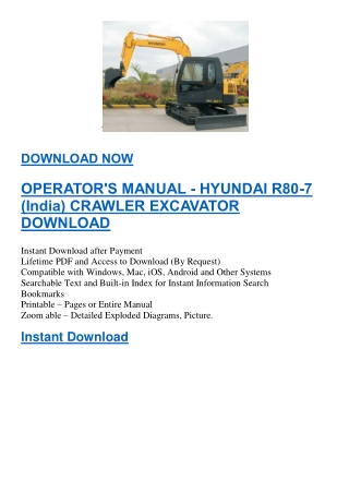 OPERATOR'S MANUAL - HYUNDAI R80-7 (India) CRAWLER EXCAVATOR DOWNLOAD