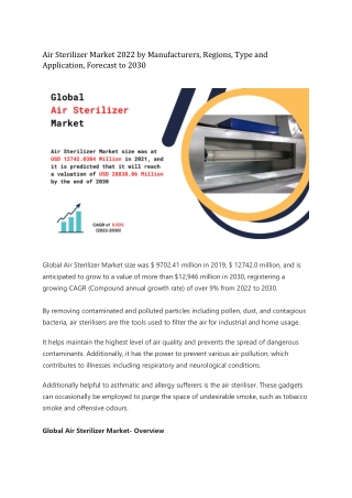 Air Sterilizer Market Type, Share, Size, Analysis, Trends, Demand and Outlook