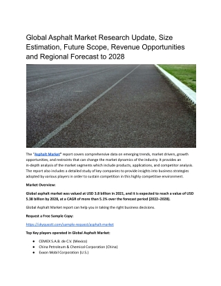 Global Asphalt Market Research Update, Size, Share, Trends.