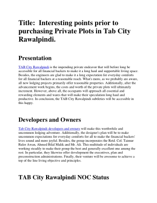 Interesting points prior to purchasing Private Plots in Tab City Rawalpindi