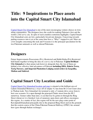 9 Inspirations to Place assets in to the Capital Smart City Islamabad
