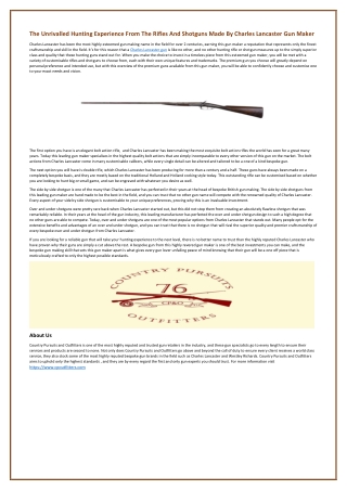 The Unrivalled Hunting Experience From The Rifles And Shotguns Made By Charles Lancaster Gun Maker