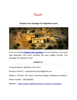 Cheapest Tour Packages For Rajasthan Travel
