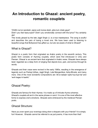 An Introduction to Ghazal Ancient Poetry, romantic couplets