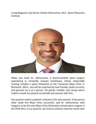 Living Magazine Top Doctor Venkat Sethuraman, M.D - Spine Physicians Institute