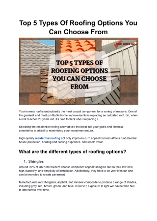 Top 5 Types Of Roofing Options You Can Choose From