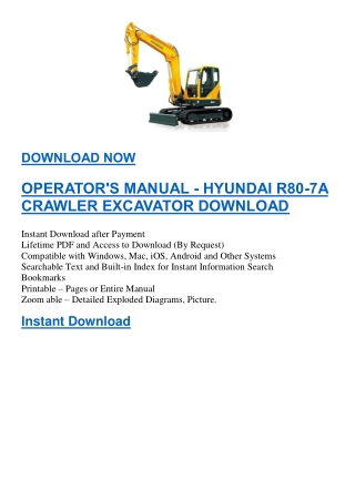 OPERATOR'S MANUAL - HYUNDAI R80-7A CRAWLER EXCAVATOR DOWNLOAD