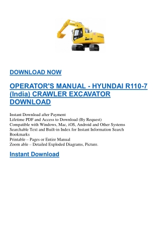 OPERATOR'S MANUAL - HYUNDAI R110-7 (India) CRAWLER EXCAVATOR DOWNLOAD