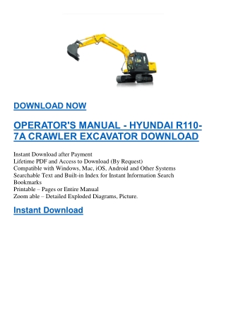 OPERATOR'S MANUAL - HYUNDAI R110-7A CRAWLER EXCAVATOR DOWNLOAD