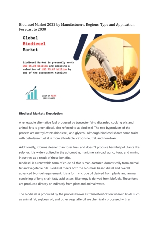 Biodiesel Market Analysis, Trends and Dynamic Demand by Forecast 2016 to 2030