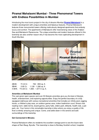 Piramal Mahalaxmi Mumbai - Three Best Residential Towers To Live Peacefull Life