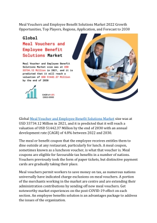 Meal Vouchers and Employee Benefit Solutions Market 2022 Growth Opportunities