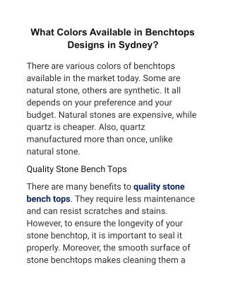 What Colors Available in Benchtops Designs in Sydney