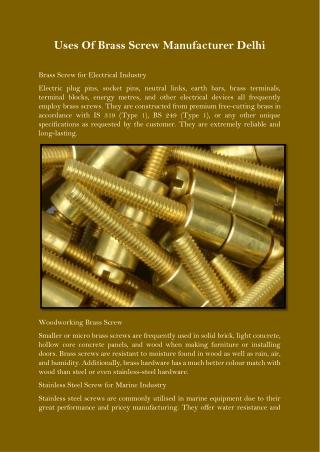 Uses Of Brass Screw Manufacturer Delhi