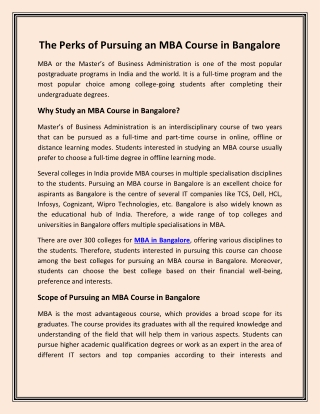 The Perks of Pursuing an MBA Course in Bangalore
