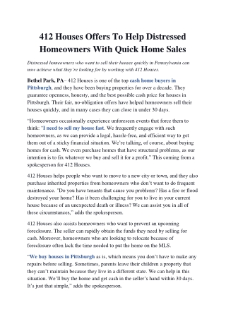 412 Houses Offers To Help Distressed Homeowners With Quick Home Sales