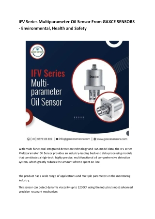 IFV Series Multiparameter Oil Sensor From GAXCE SENSORS