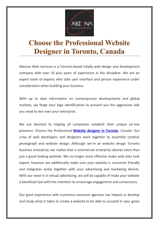 Choose the Professional Website designer in Toronto