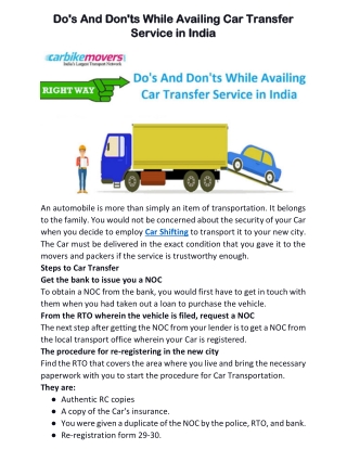 Do's And Don'ts While Availing Car Transfer Service in India