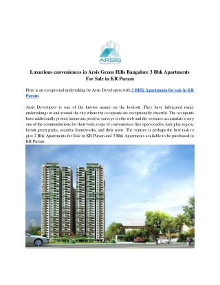 Luxurious conveniences in Arsis Green Hills Bangalore 3 Bhk Apartments For Sale in KR Puram