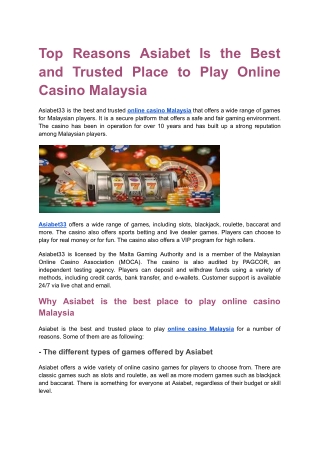 Top Reasons Asiabet Is the Best and Trusted Place to Play Online Casino Malaysia