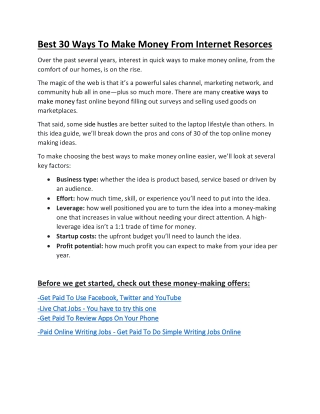 Best 30 Ways To Make Money From Internet Resorces