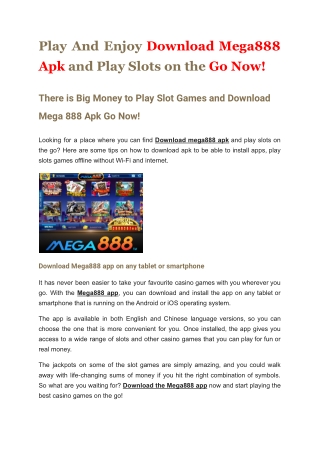 Play And Enjoy Download Mega888 Apk and Play Slots on the Go Now