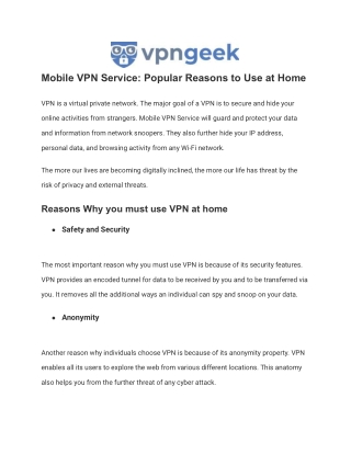 Mobile VPN Service: Popular Reasons to Use at Home