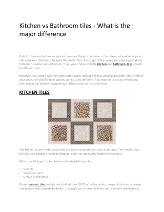 Kitchen vs Bathroom tiles - What is the major difference