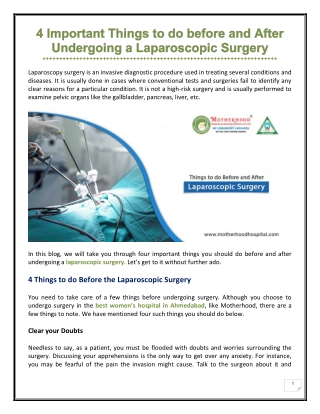 4 Important Things to do Before and After Undergoing a Laparoscopic Surgery