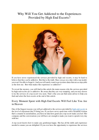 Why Will You Get Addicted to the Experiences Provided by High End Escorts